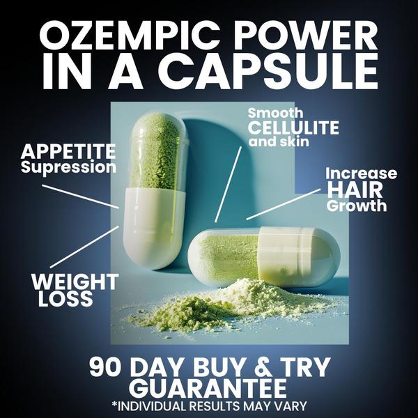 A square-format static ad showing a dietary supplement capsule with clear text callouts pointing to specific health and beauty benefits.
